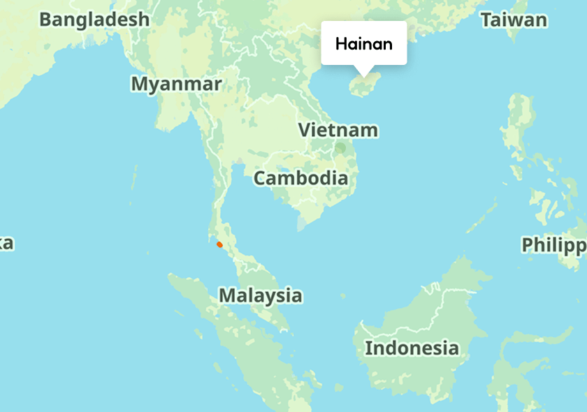 Map of Southeast Asia highlighting Myanmar, Vietnam, Cambodia, Malaysia, Indonesia, Philippines, Taiwan, and Bangladesh, with a label pointing to Hainan island in southern China.