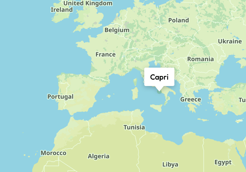 Map of Europe and North Africa highlighting the location of Capri, an island off the coast of Italy, with a label pointing to it in the Tyrrhenian Sea near Naples.